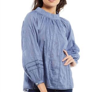 Roller Rabbit Fil Coupe Glyn Round Neck Long Blouson Sleeve Woven Top